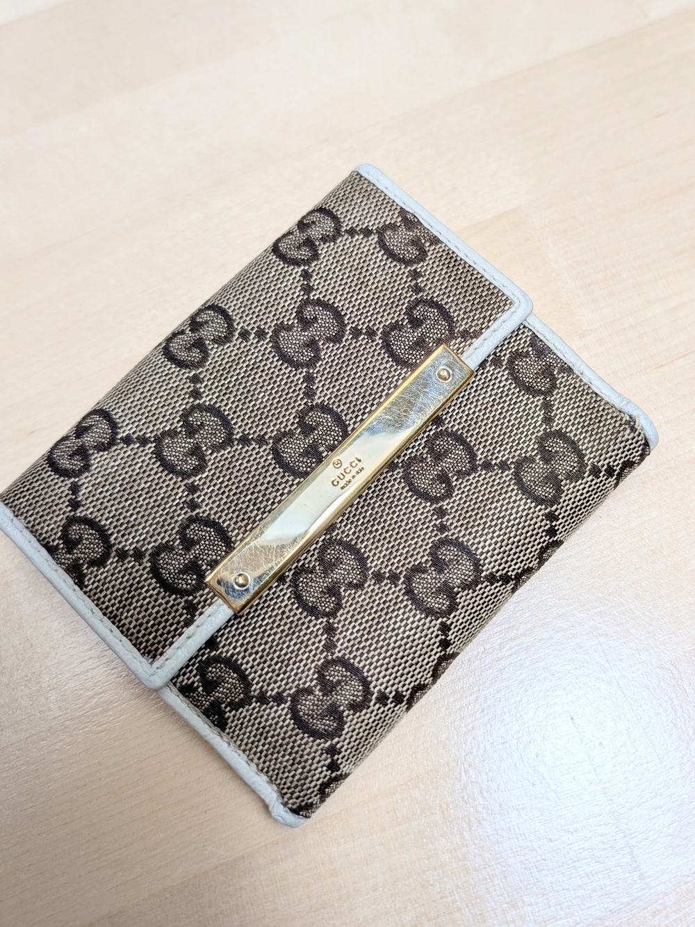 Vintage Gucci GG Monogram Canvas Ivory Leather Wallet Gold Hardware